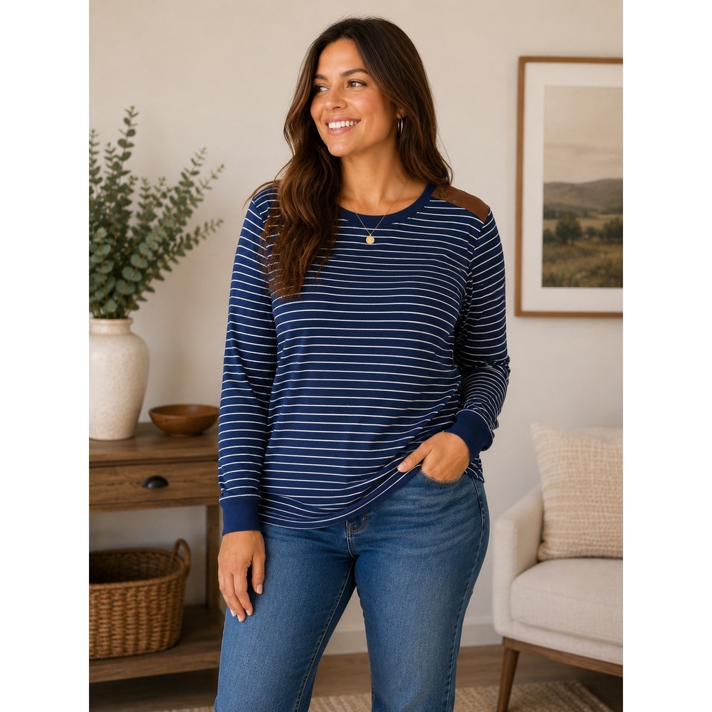 Lauren Ralph Lauren Striped Long Sleeve Shirt Women XL Suede‎ Trim Elbow Patch